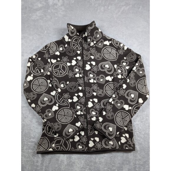 Old Navy Jackets & Blazers - Old Navy Fleece Full Zip Sweater Womens Size Small Brown Hearts Peace Graphic